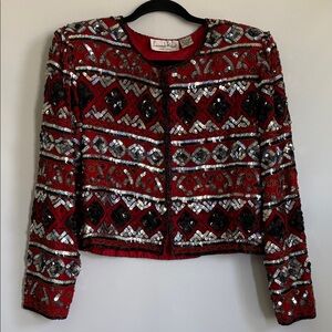 Vintage Laurence Kazar Silk Beaded Jacket PM Red Art Deco Rock Chic